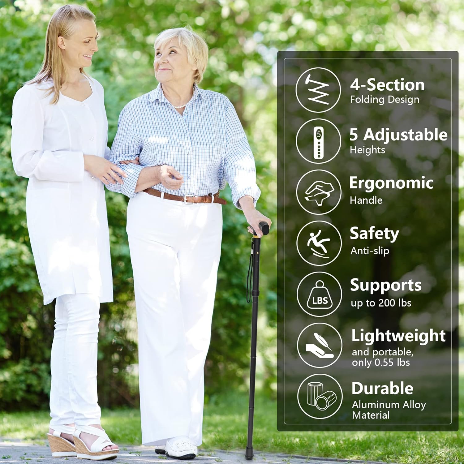 Folding Walking Cane - Lightweight, Adjustable, Anti-Slip, Portable, with Storage Bag and Strap, Suitable for Men, Women, and The Elderly.